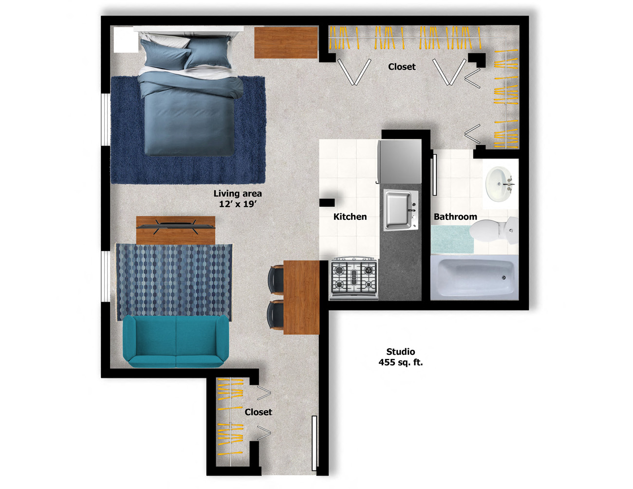 Floor plan for studio, 1 bath, 455 sqft